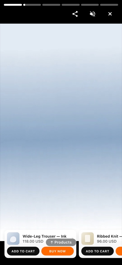 The full-screen video player on a storefront, with a tagged product tile showing Add to Cart and Buy Now.