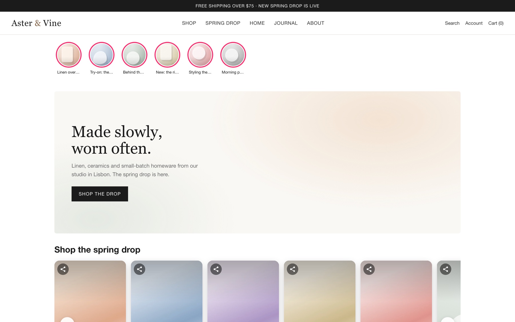 A sample storefront with a Shopfluence Stories strip under the header and a Carousel of shoppable video cards below the hero.